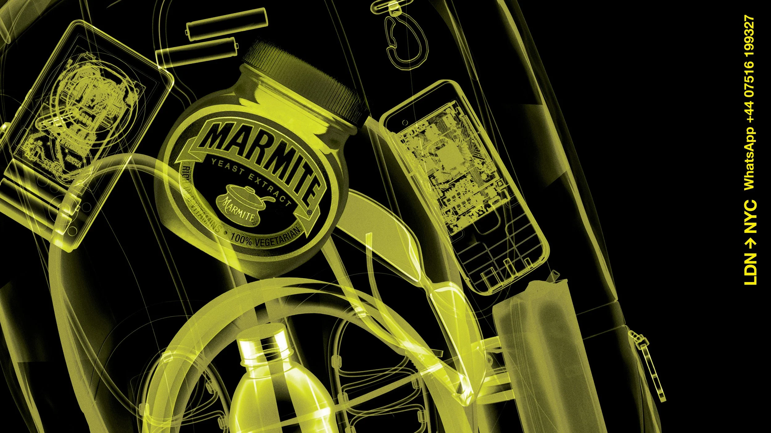 An x-ray image of a suitcase with a jar of marmite inside